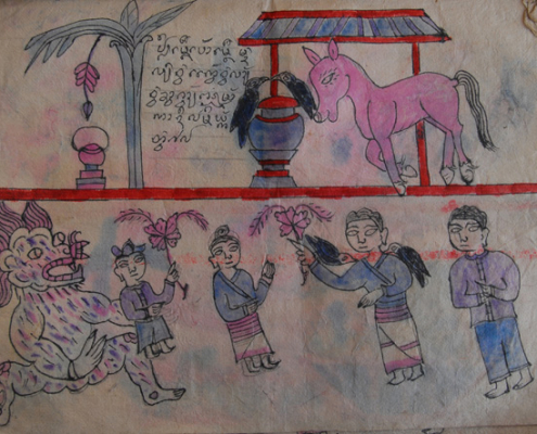 Illustrated Tai Lue manuscript 2 An illustrated Tai Lue Phommalok manuscript, on sa paper. Date unknown. Mueang Sing District, Luang Nam Tha Province, 2006.