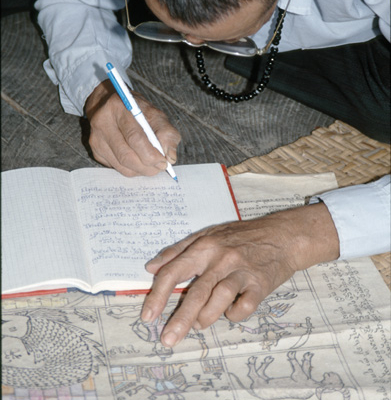 Studying a Tai Lue manuscript, Luang Namtha